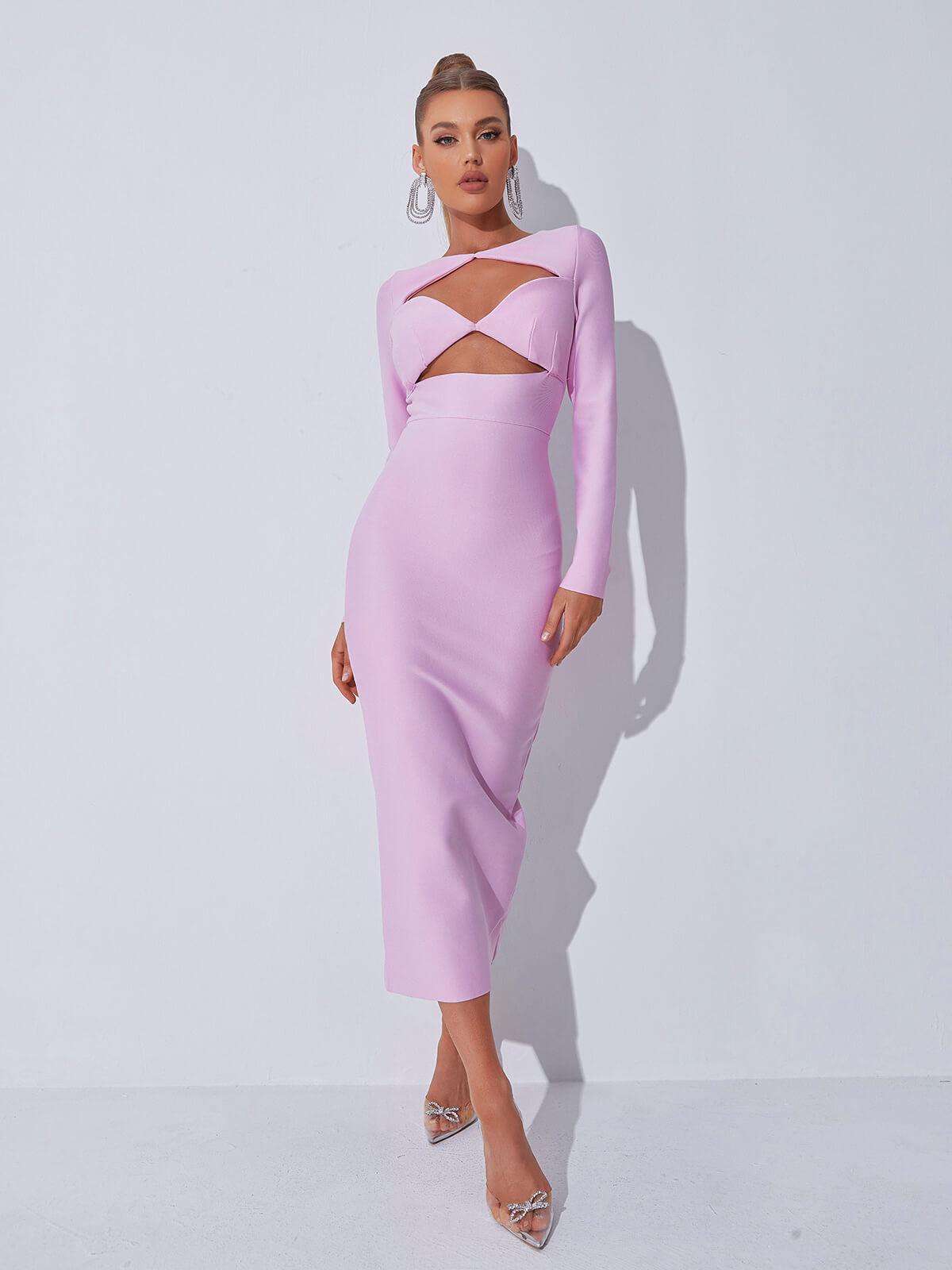 Long Sleeve Twist Cut Out Bandage Bodycon Midi Dress