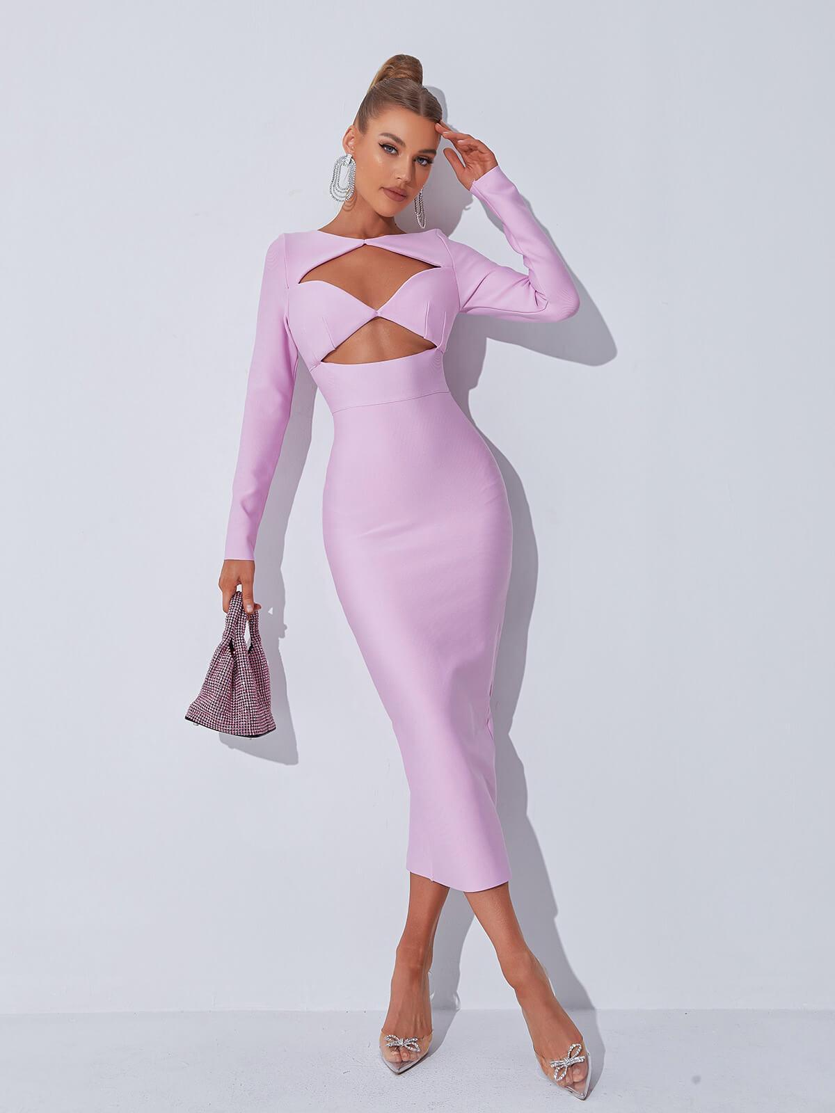 Long Sleeve Twist Cut Out Bandage Bodycon Midi Dress