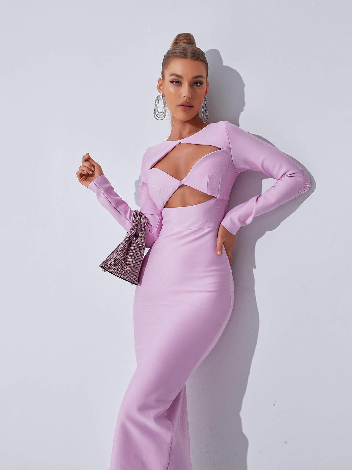 Long Sleeve Twist Cut Out Bandage Bodycon Midi Dress