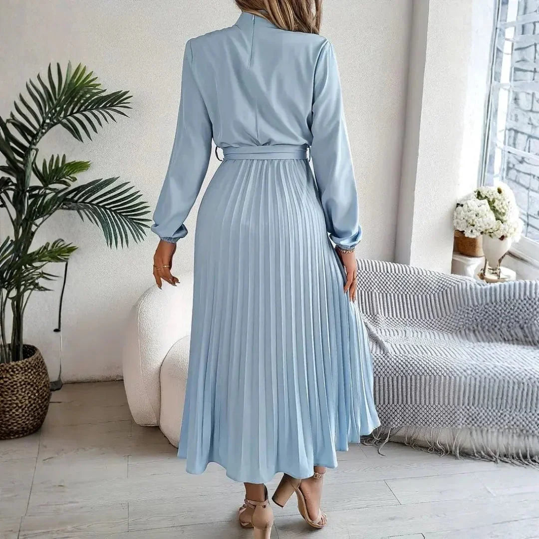 High Neck Long Sleeve Pleated Belted Midi Dress 2