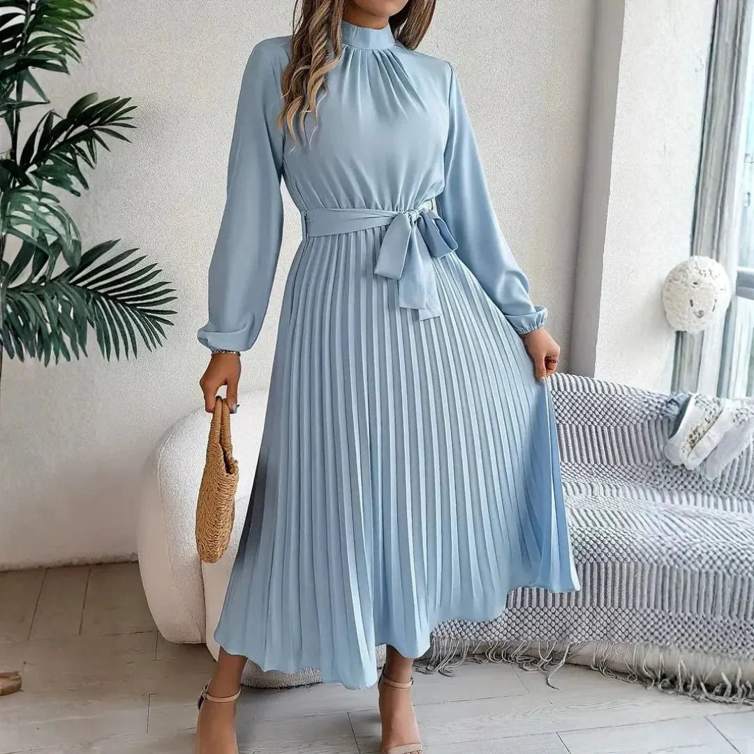 High Neck Long Sleeve Pleated Belted Midi Dress