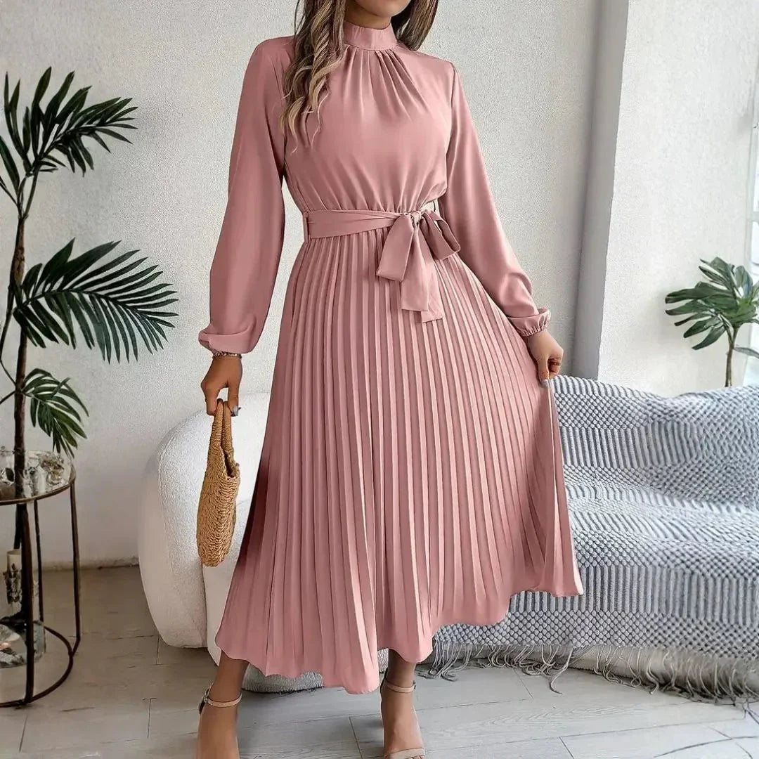 High Neck Long Sleeve Pleated Belted Midi Dress 5