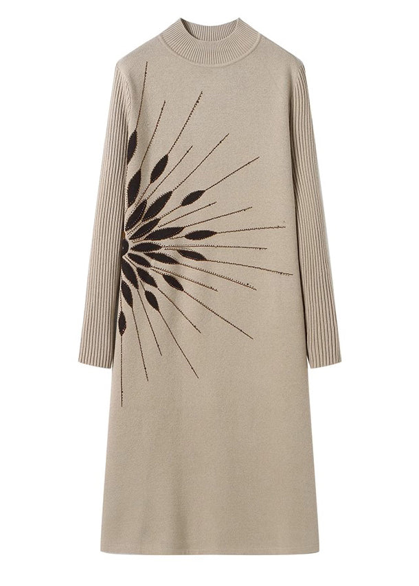Ribbed Knit Mock Neck Long Sleeve Radiating Graphic A-Line Midi Dress