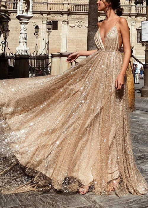 Italian Apricot V Neck Backless Sequins Spaghetti Strap Dress Summer