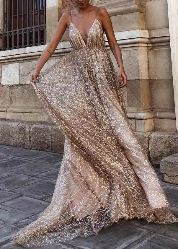 Italian Apricot V Neck Backless Sequins Spaghetti Strap Dress Summer 5