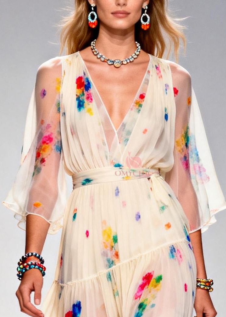 Floral Print Deep V-Neck Wrap Bodice Bell Sleeve Tiered Ruffle Chiffon Midi Dress