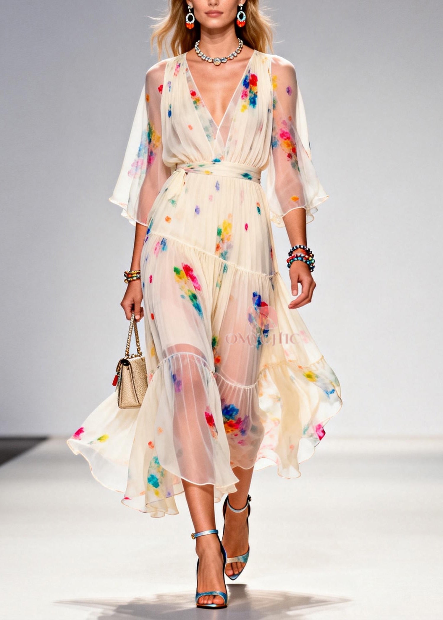 Floral Print Deep V-Neck Wrap Bodice Bell Sleeve Tiered Ruffle Chiffon Midi Dress