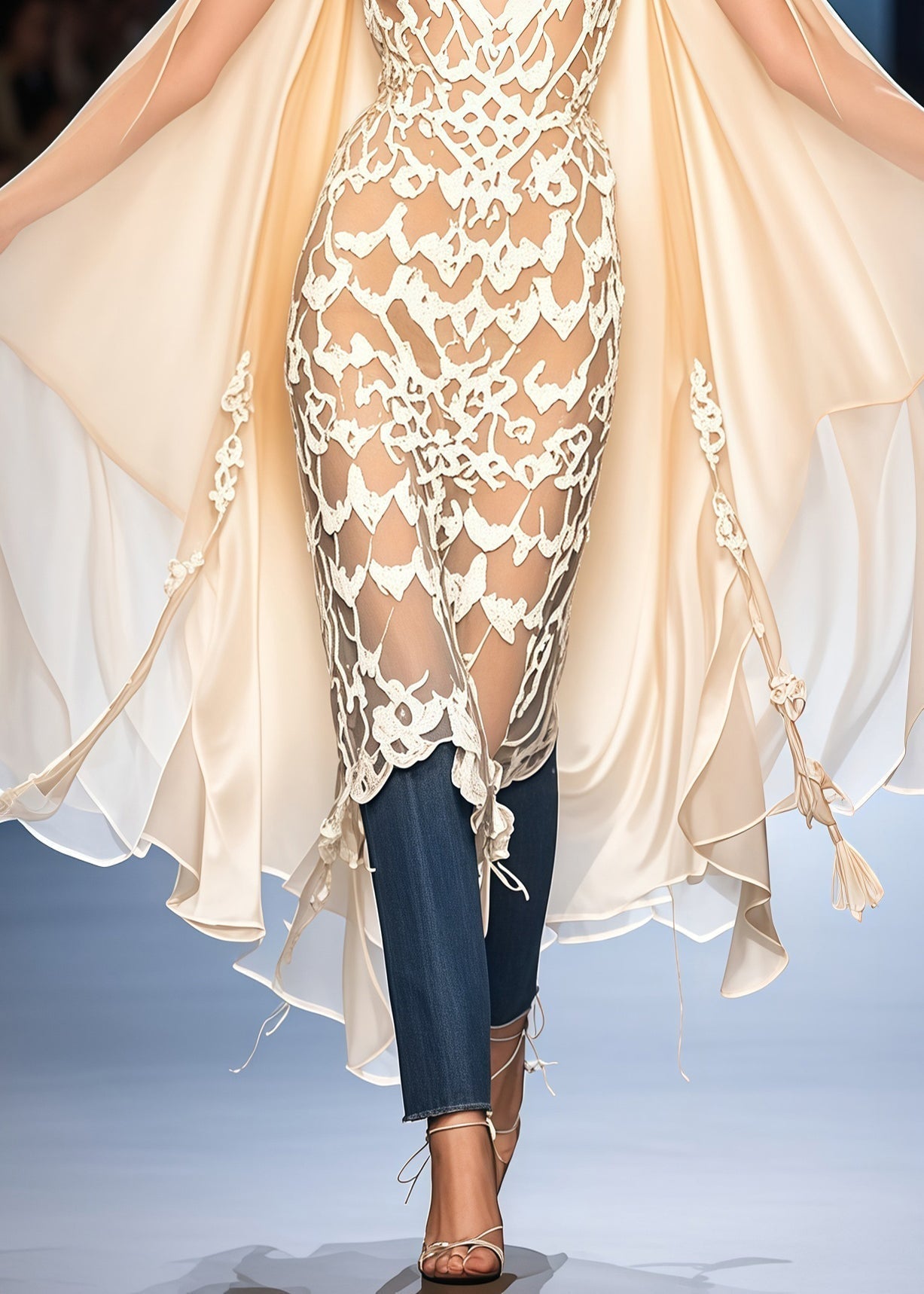 Chiffon Deep V-Neck Floral Lace Cut Out Cape Tassel Midi Dress