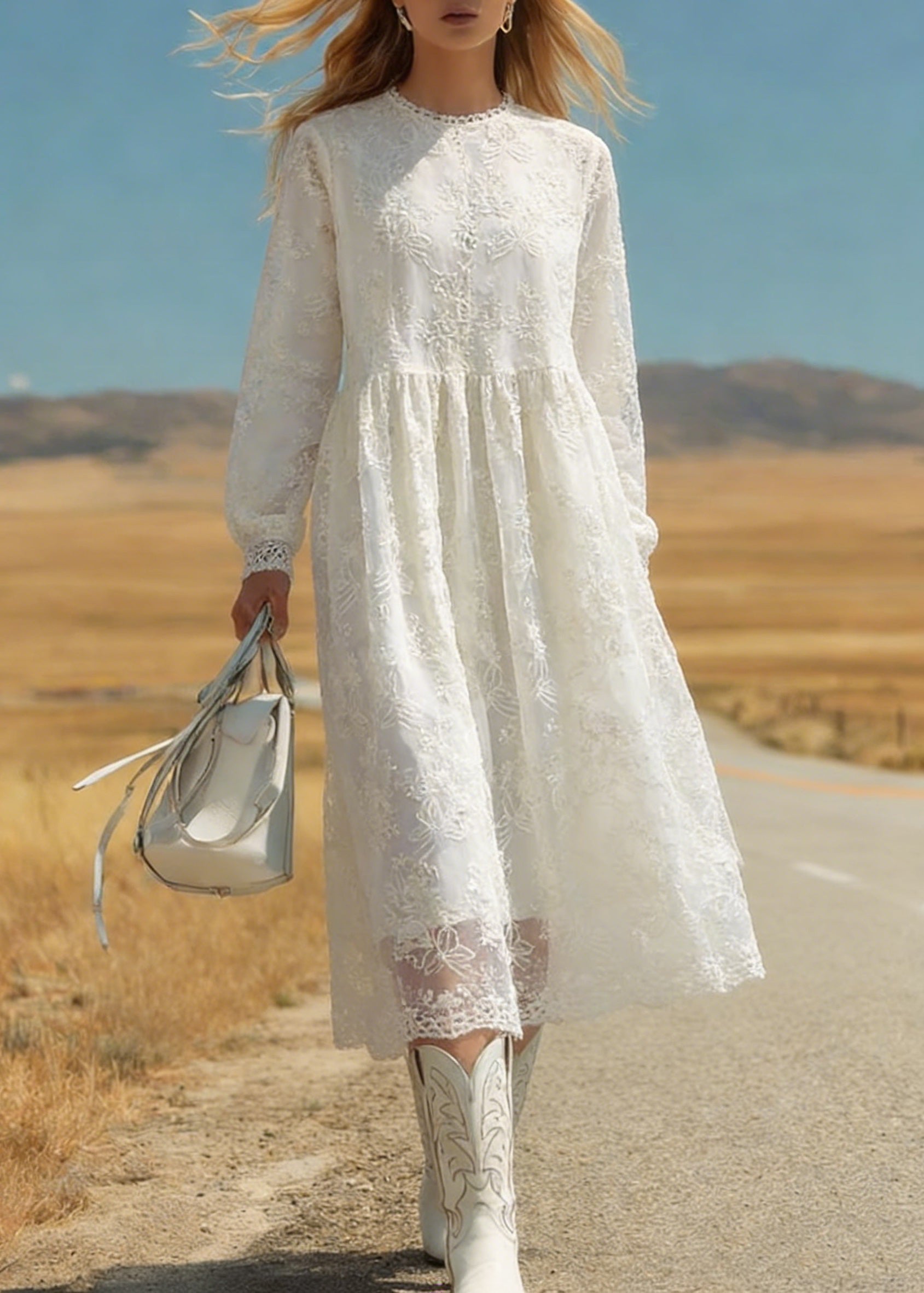Lace Crew Neck Long Sleeve Floral Embroidered Gathered Waist Midi Dress