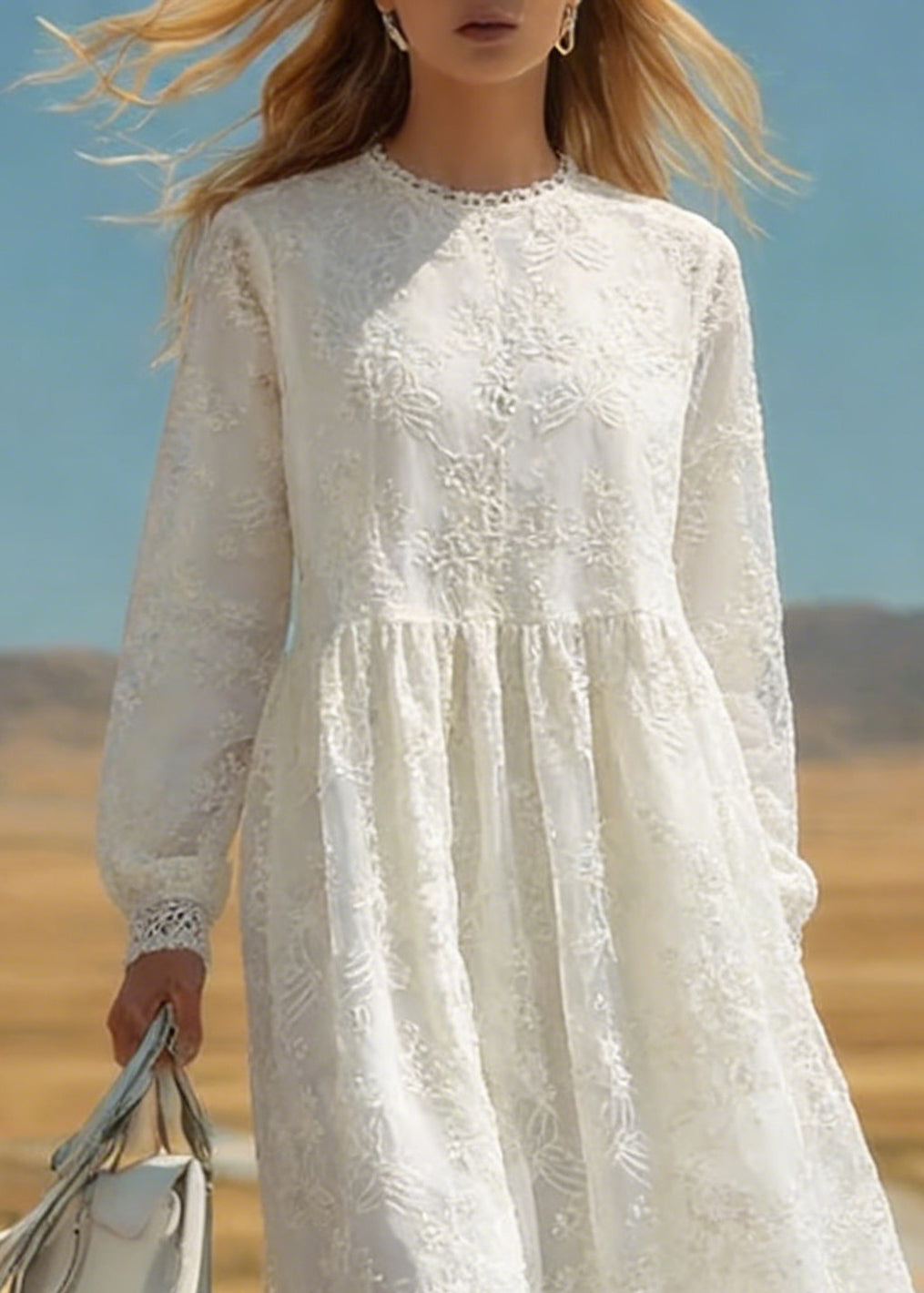 Lace Crew Neck Long Sleeve Floral Embroidered Gathered Waist Midi Dress