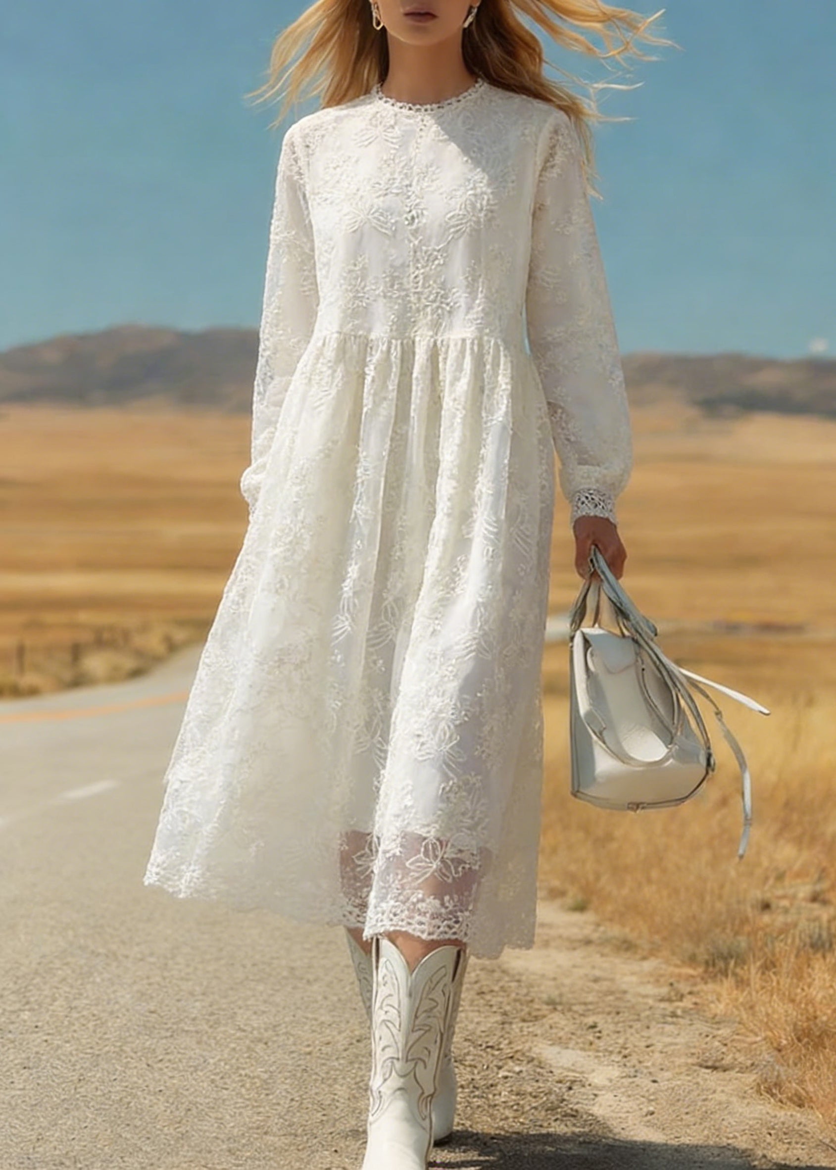 Lace Crew Neck Long Sleeve Floral Embroidered Gathered Waist Midi Dress