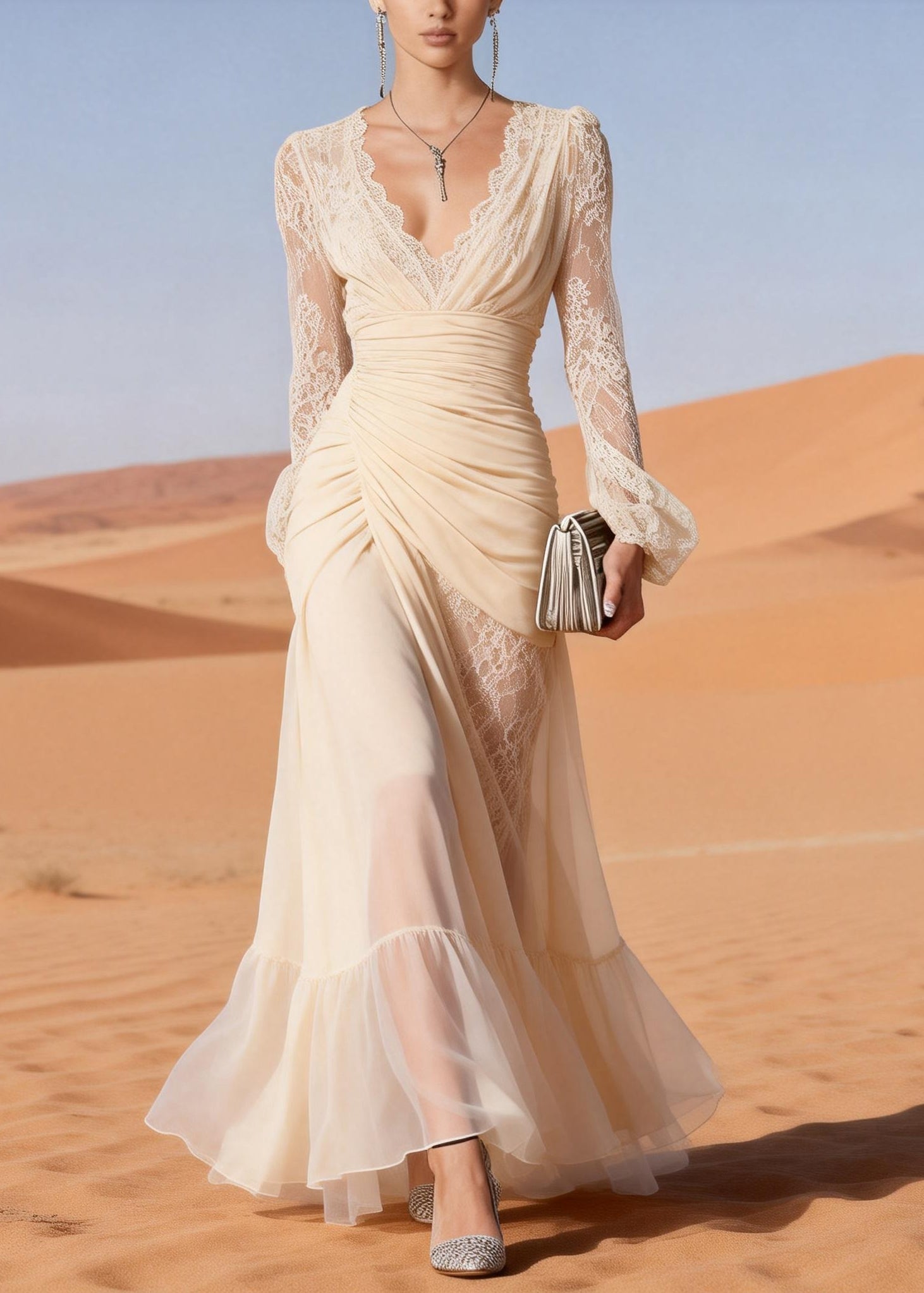 Lace Trim Deep V-Neck Ruched Wrap Long Sleeve Sheer Panel Ruffle Hem Maxi Gown