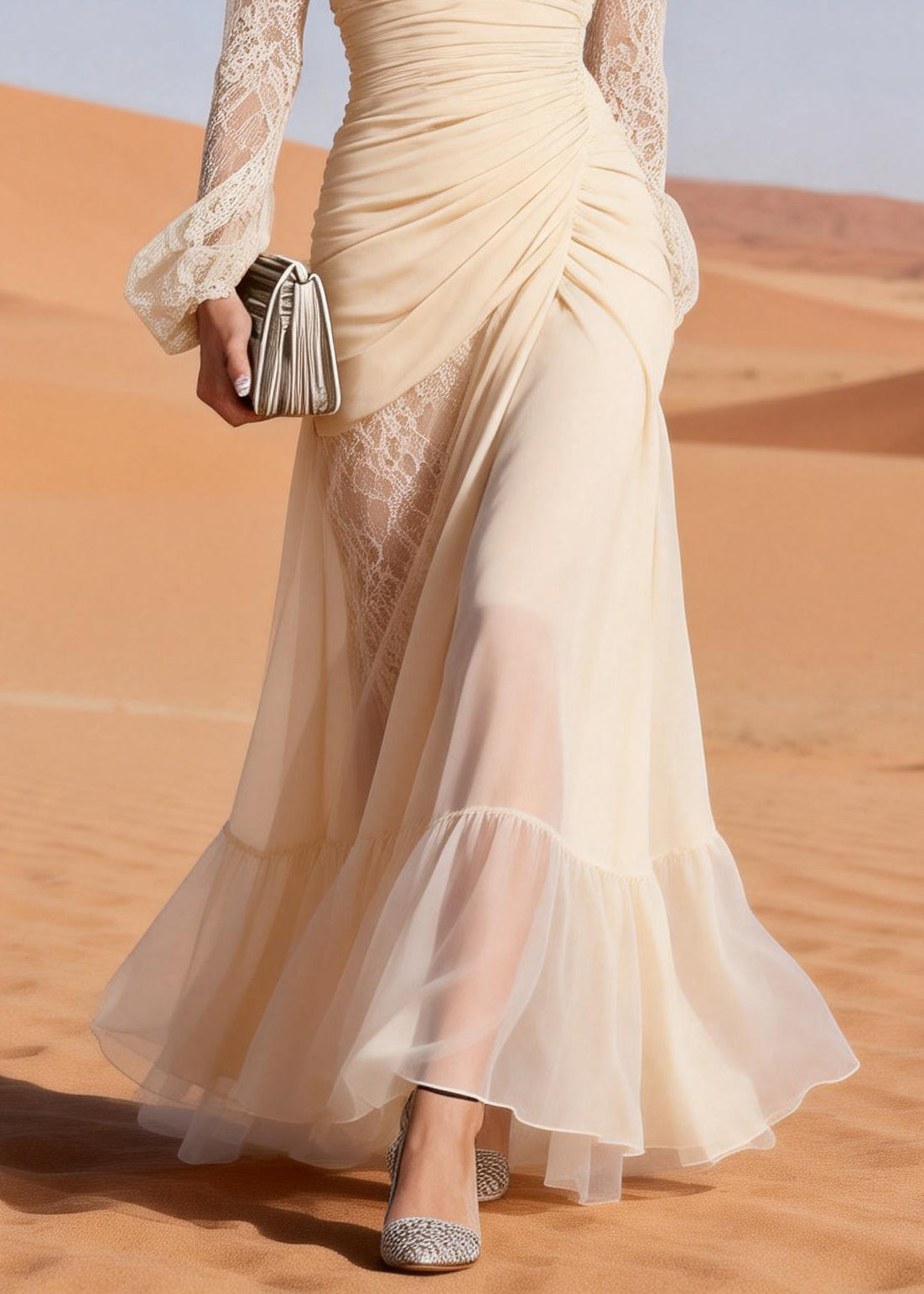 Lace Trim Deep V-Neck Ruched Wrap Long Sleeve Sheer Panel Ruffle Hem Maxi Gown