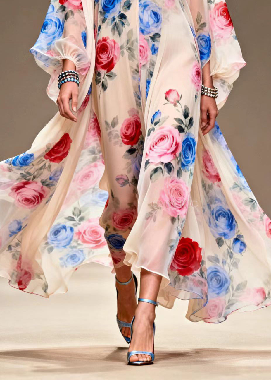 Italian Beige Print Exra Large Hem Chiffon Maxi Dresses Summer 4