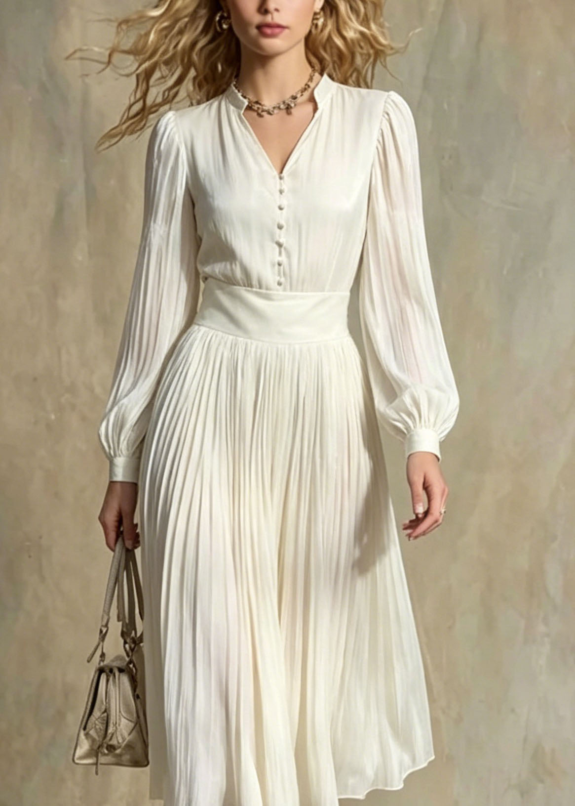 Pleated Chiffon V-Neck Mandarin Collar Button Front Accordion Skirt Midi Dress