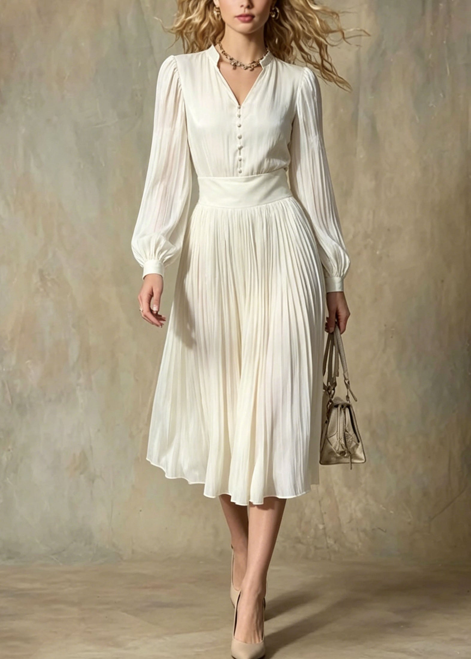 Pleated Chiffon V-Neck Mandarin Collar Button Front Accordion Skirt Midi Dress