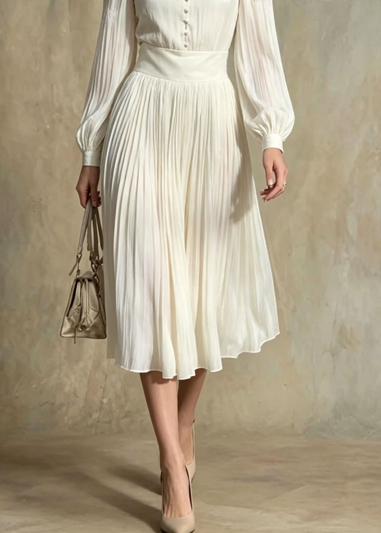 Pleated Chiffon V-Neck Mandarin Collar Button Front Accordion Skirt Midi Dress
