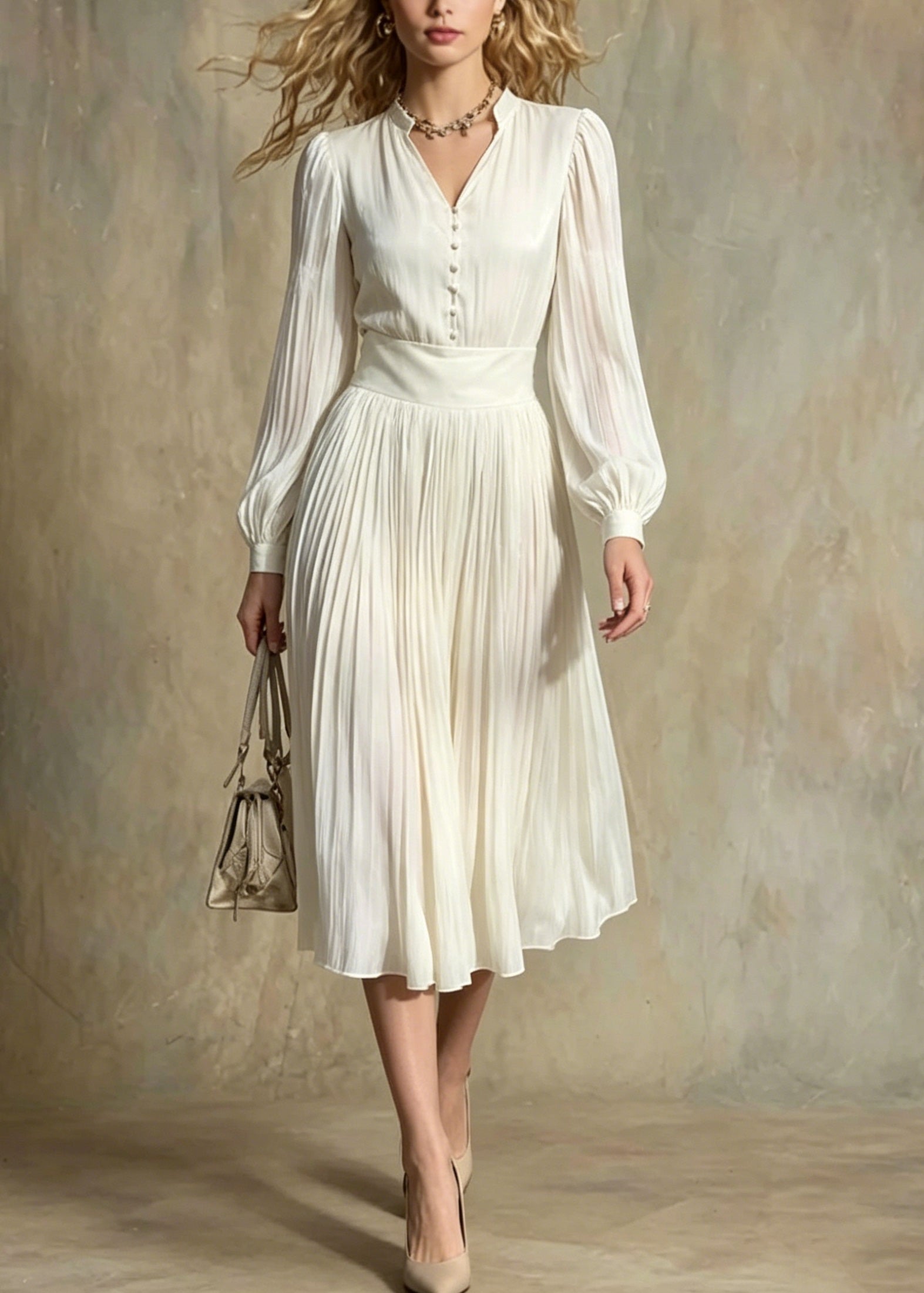 Pleated Chiffon V-Neck Mandarin Collar Button Front Accordion Skirt Midi Dress