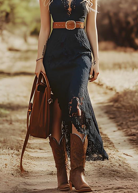 Floral Lace Deep V-Neck Scalloped Trim Asymmetrical Hem Midi Dress