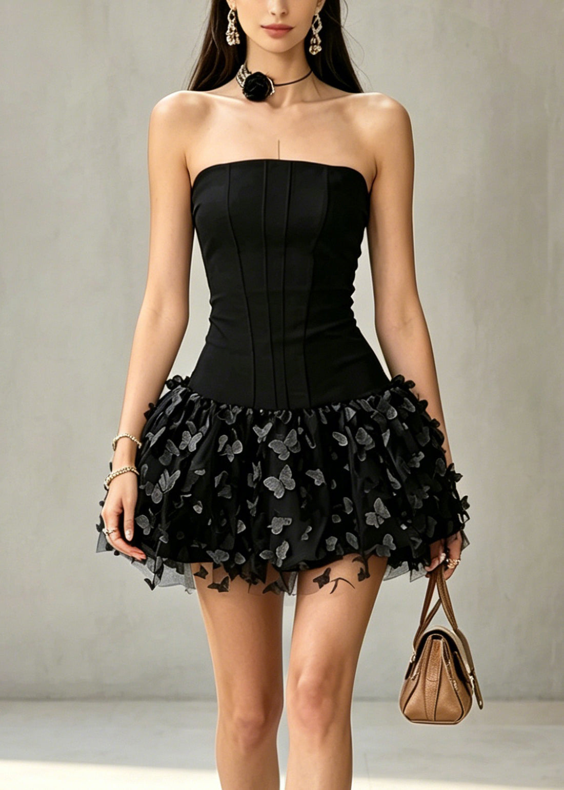 Strapless Corset Butterfly Applique Mesh Tiered Mini Dress