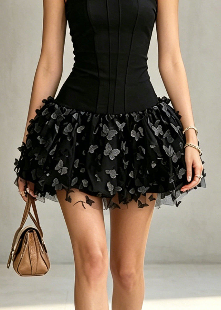 Strapless Corset Butterfly Applique Mesh Tiered Mini Dress