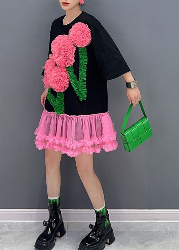 Tulle Floral Patchwork Long Sleeve Midi Dress - View 3