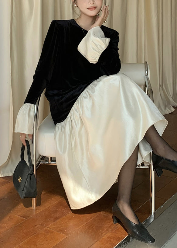 Velvet Crew Neck Long Sleeve Contrast Bell Cuff Tiered Ruffle Midi Dress