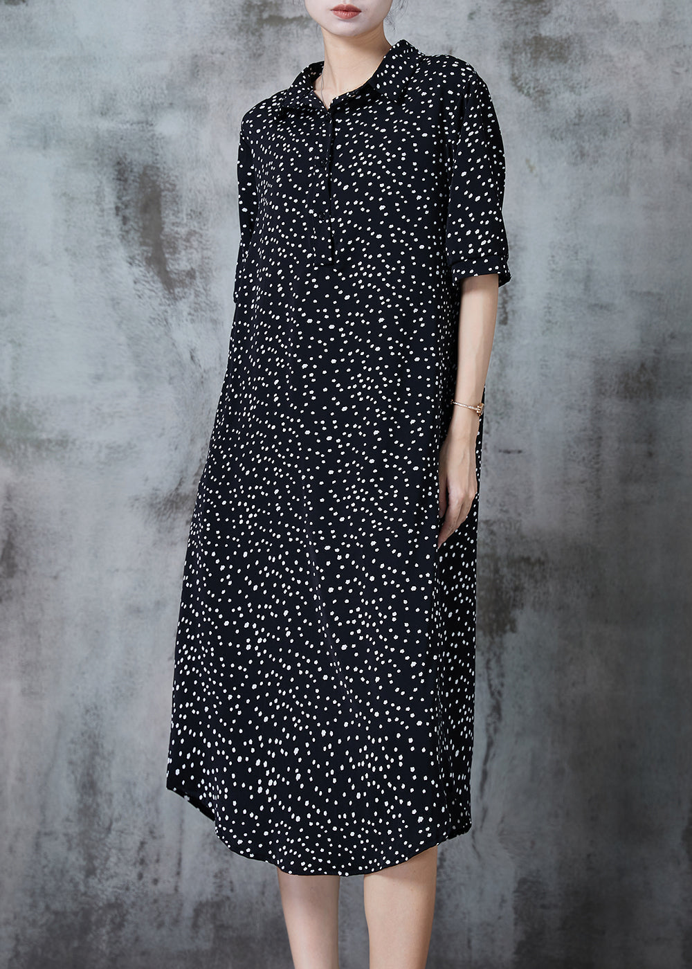 Polka Dot Print Shirt Collar Button Front Elbow Sleeve Oversized Midi Dress