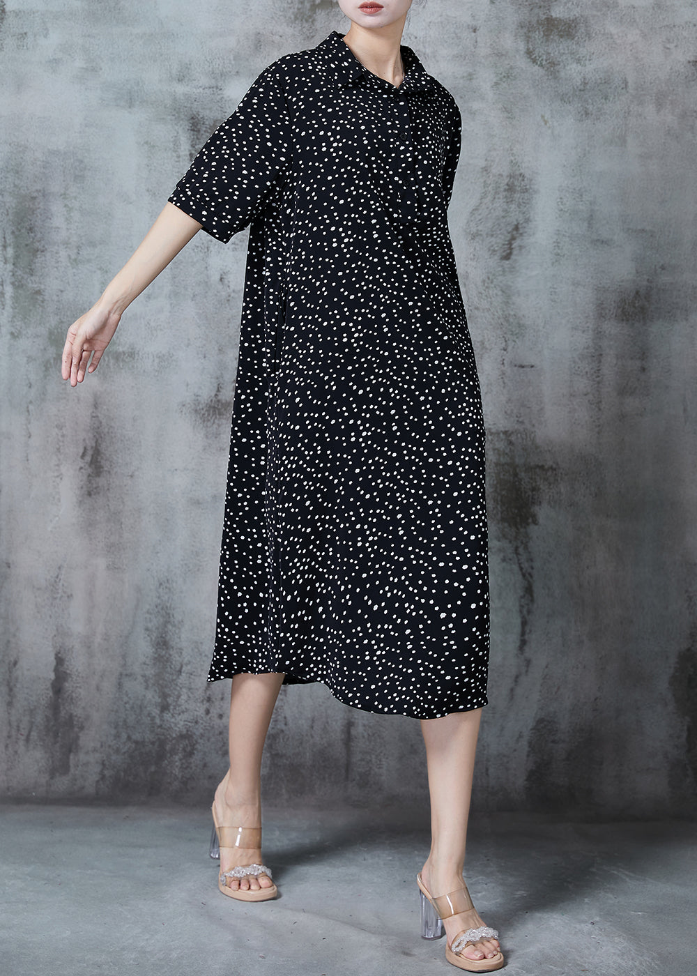 Polka Dot Print Shirt Collar Button Front Elbow Sleeve Oversized Midi Dress