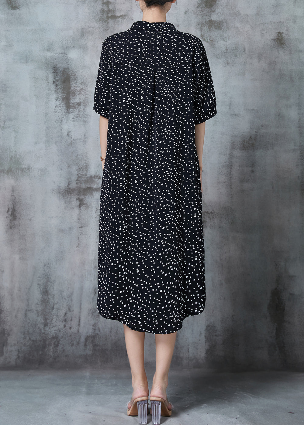 Polka Dot Print Shirt Collar Button Front Elbow Sleeve Oversized Midi Dress