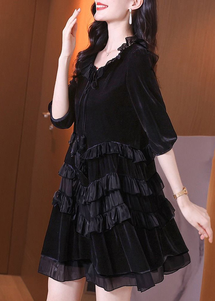Italian Black Ruffled Lace Up Patchwork Velour Mid Dress Half Sleeve 2