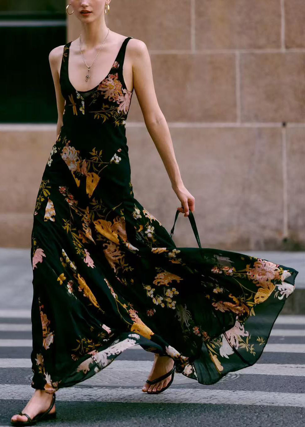 Floral Print Scoop Neck Wide Strap Flowy Maxi Dress