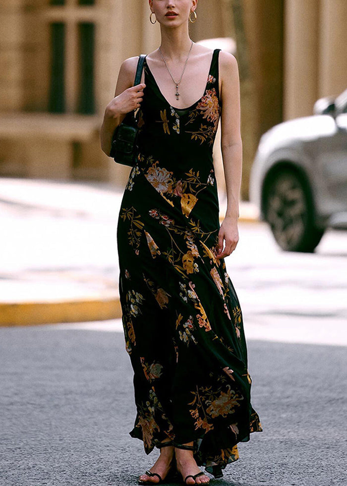 Floral Print Scoop Neck Wide Strap Flowy Maxi Dress