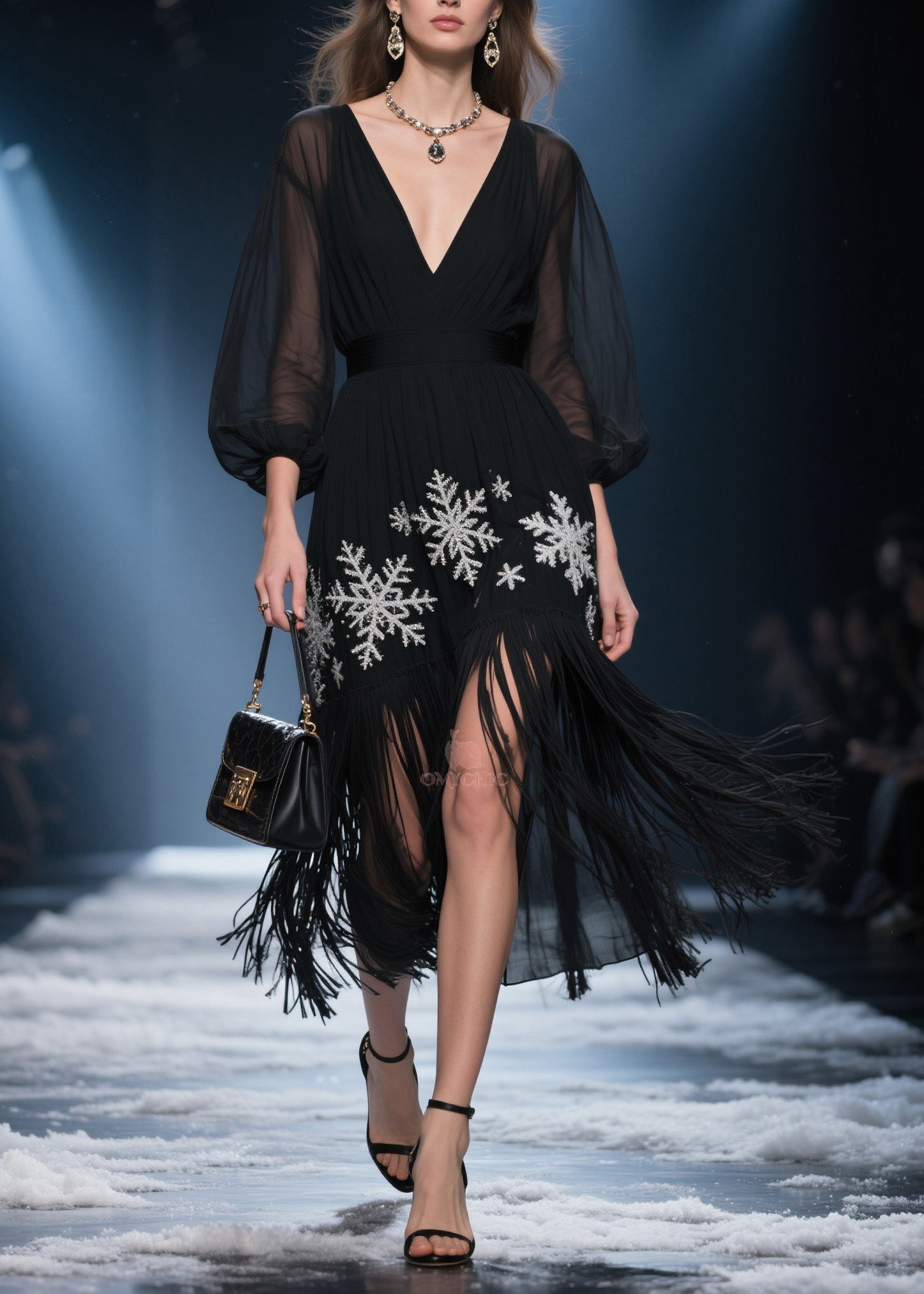 Deep V-Neck Sheer Puff Sleeve Snowflake Embroidery Fringe Hem High Split Midi Dress