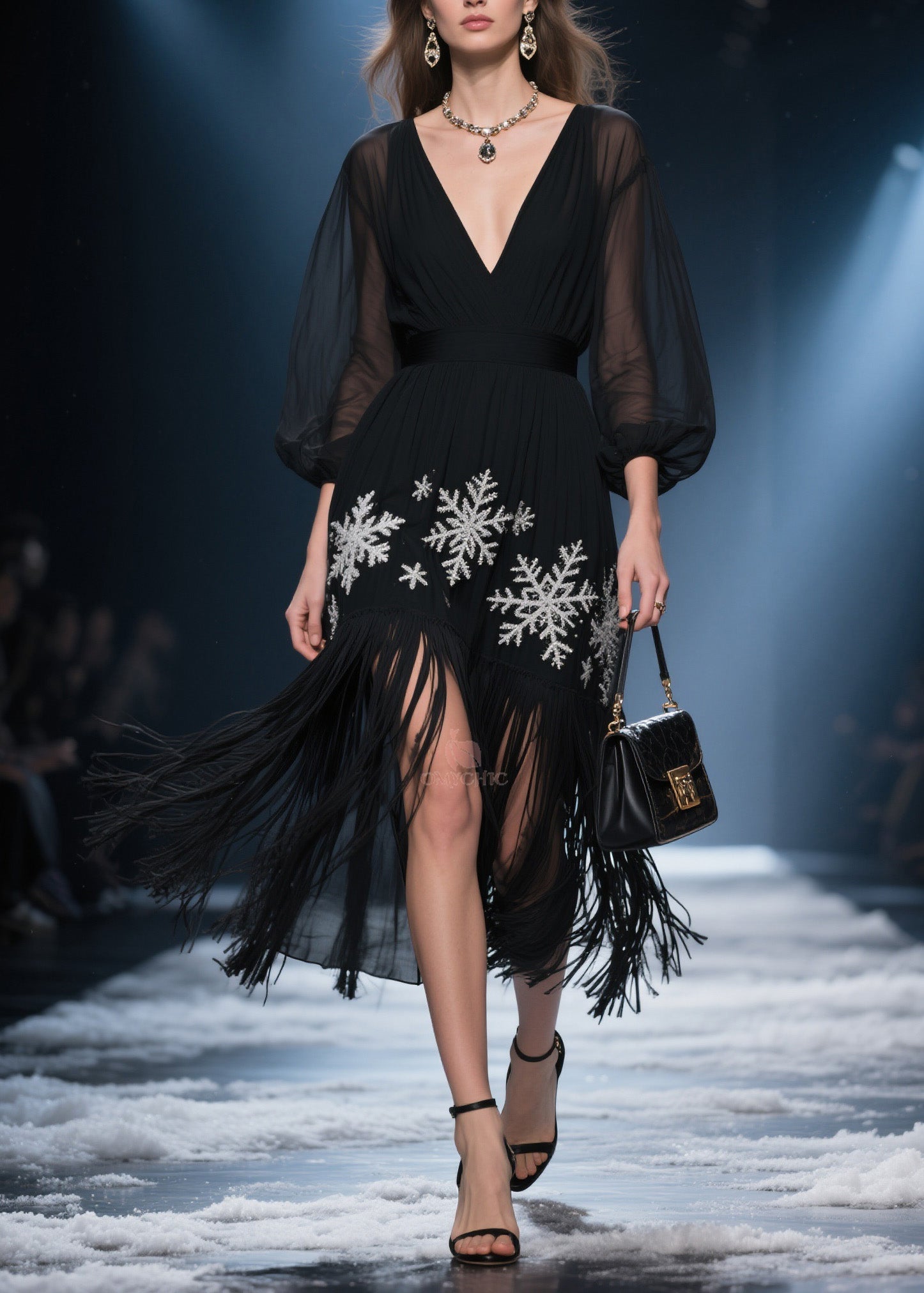 Deep V-Neck Sheer Puff Sleeve Snowflake Embroidery Fringe Hem High Split Midi Dress