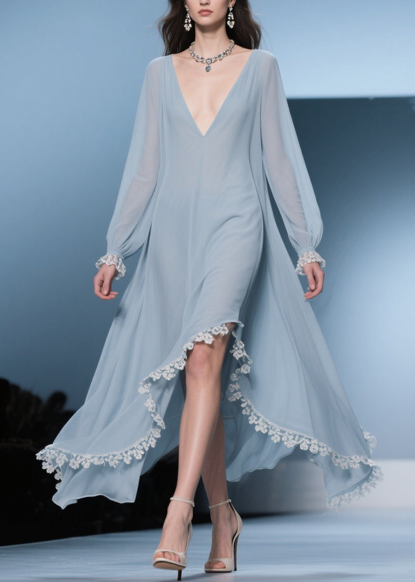 Chiffon Deep V-Neck Bishop Sleeve Lace Trim Oversized High Low Maxi Gown