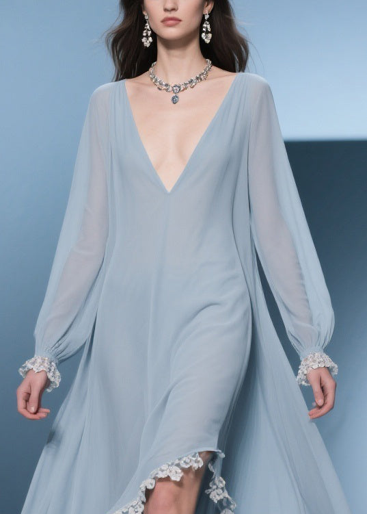 Chiffon Deep V-Neck Bishop Sleeve Lace Trim Oversized High Low Maxi Gown