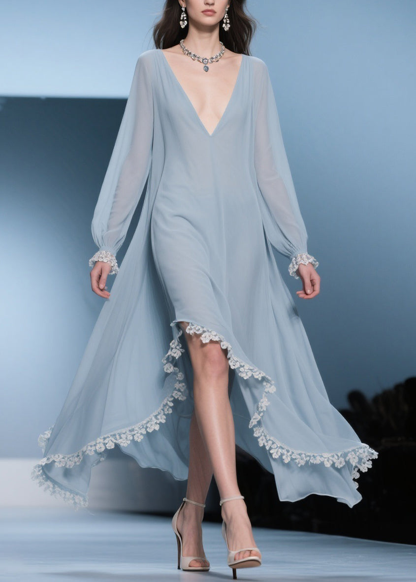 Chiffon Deep V-Neck Bishop Sleeve Lace Trim Oversized High Low Maxi Gown