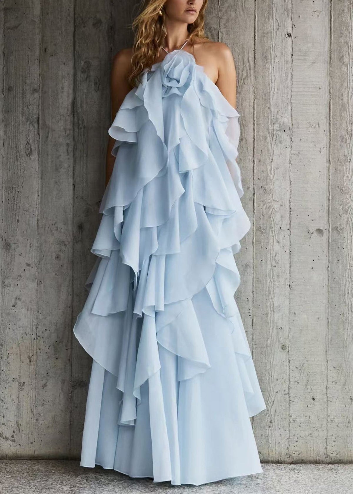 Halter Neck Rosette Applique Cascading Tiered Ruffle Chiffon Maxi Dress