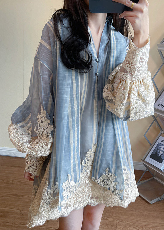 Vertical Stripe Print Deep V-Neck Lace Trim Flared Sleeve Mini Dress