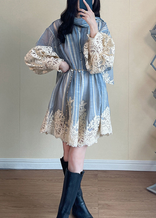 Vertical Stripe Print Deep V-Neck Lace Trim Flared Sleeve Mini Dress