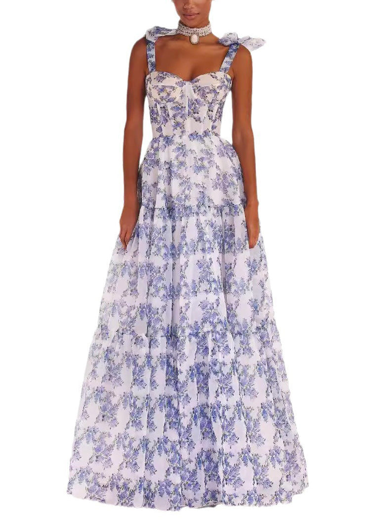 Chiffon Off Shoulder Tie Strap Corset Bodice Tiered Ruffle Floral Maxi Dress