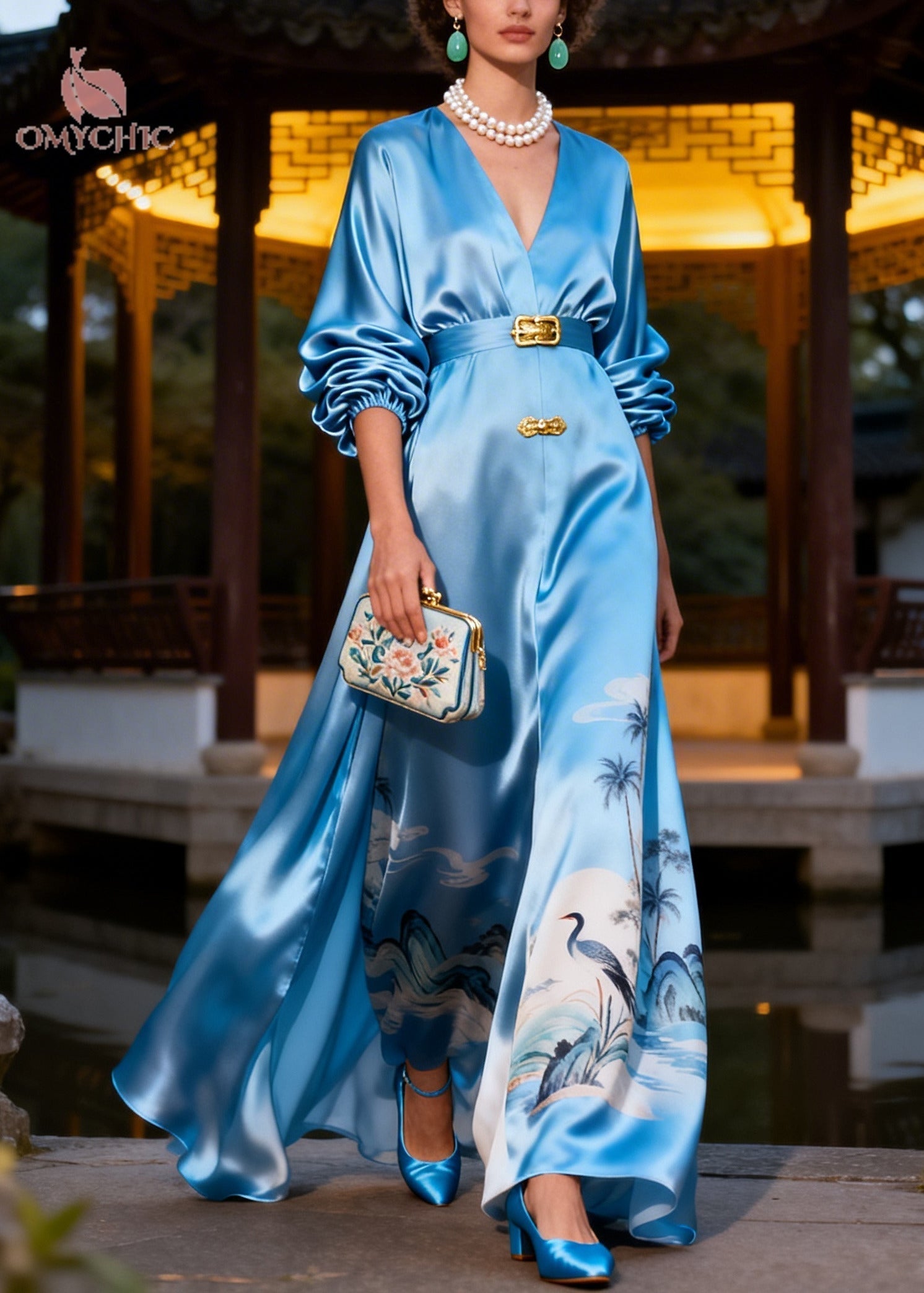 Satin Crane Landscape Print V-Neck Balloon Sleeve Buckle Waist Maxi Dress