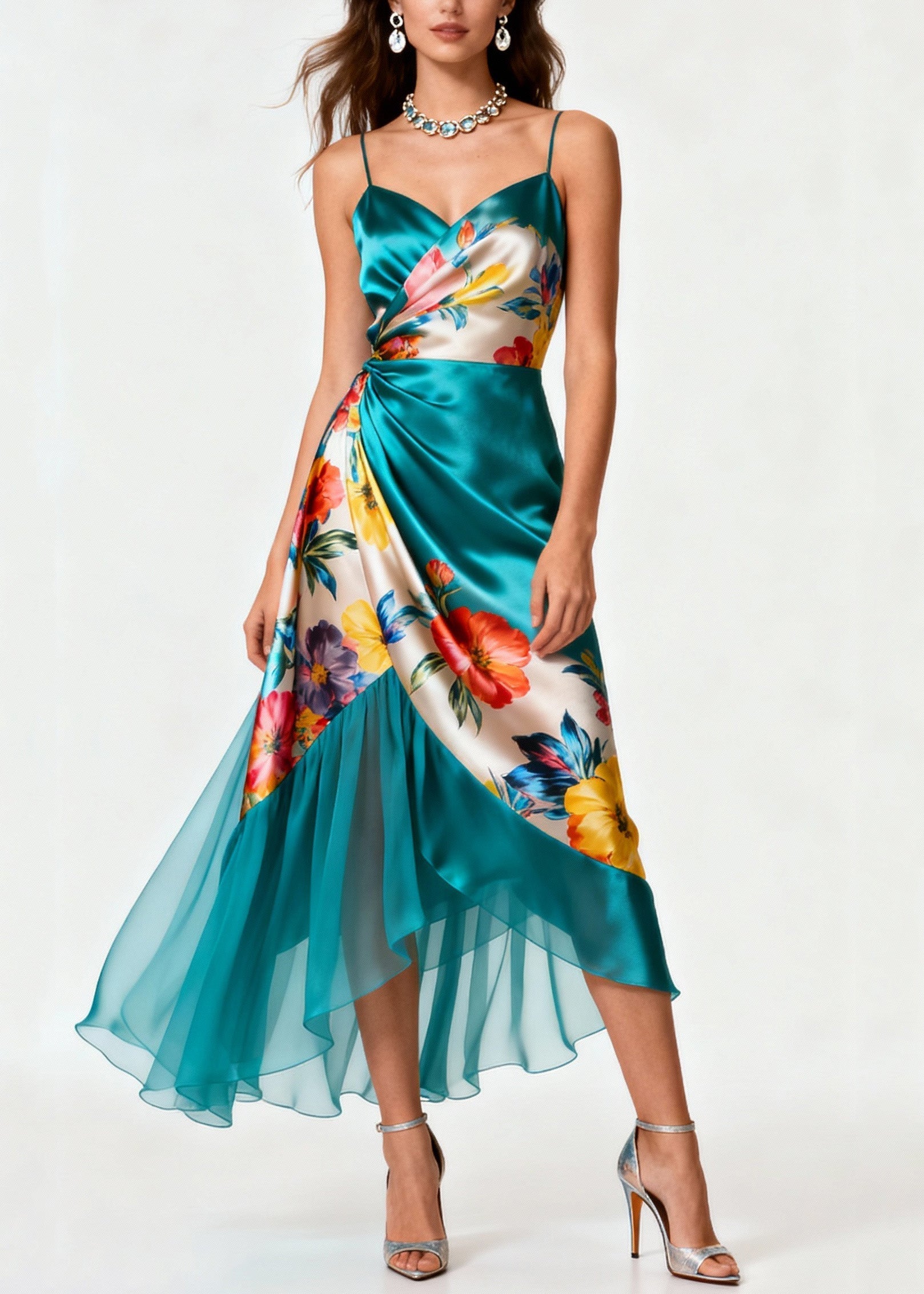 Floral Print Spaghetti Strap Wrap Satin Tiered High Low Midi Dress