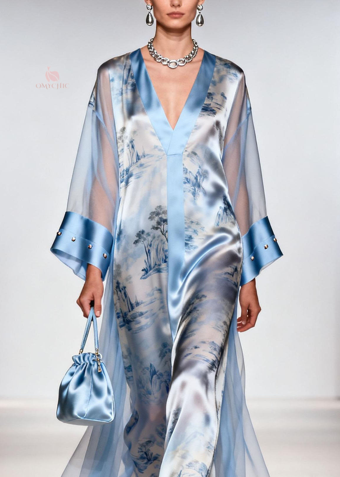 Satin Landscape Print V-Neck Maxi Gown and Sheer Studded Cuff Open Coat Two Piece Set