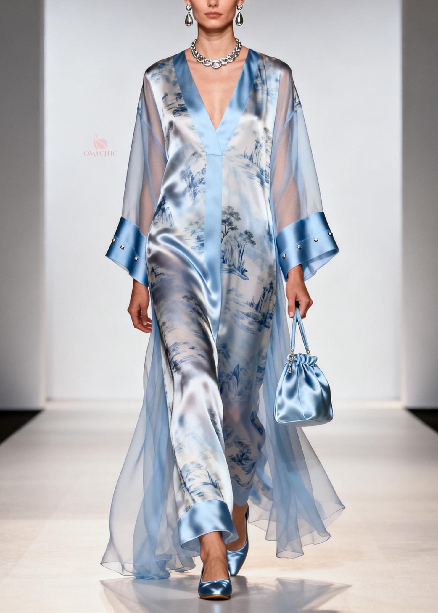 Satin Landscape Print V-Neck Maxi Gown and Sheer Studded Cuff Open Coat Two Piece Set