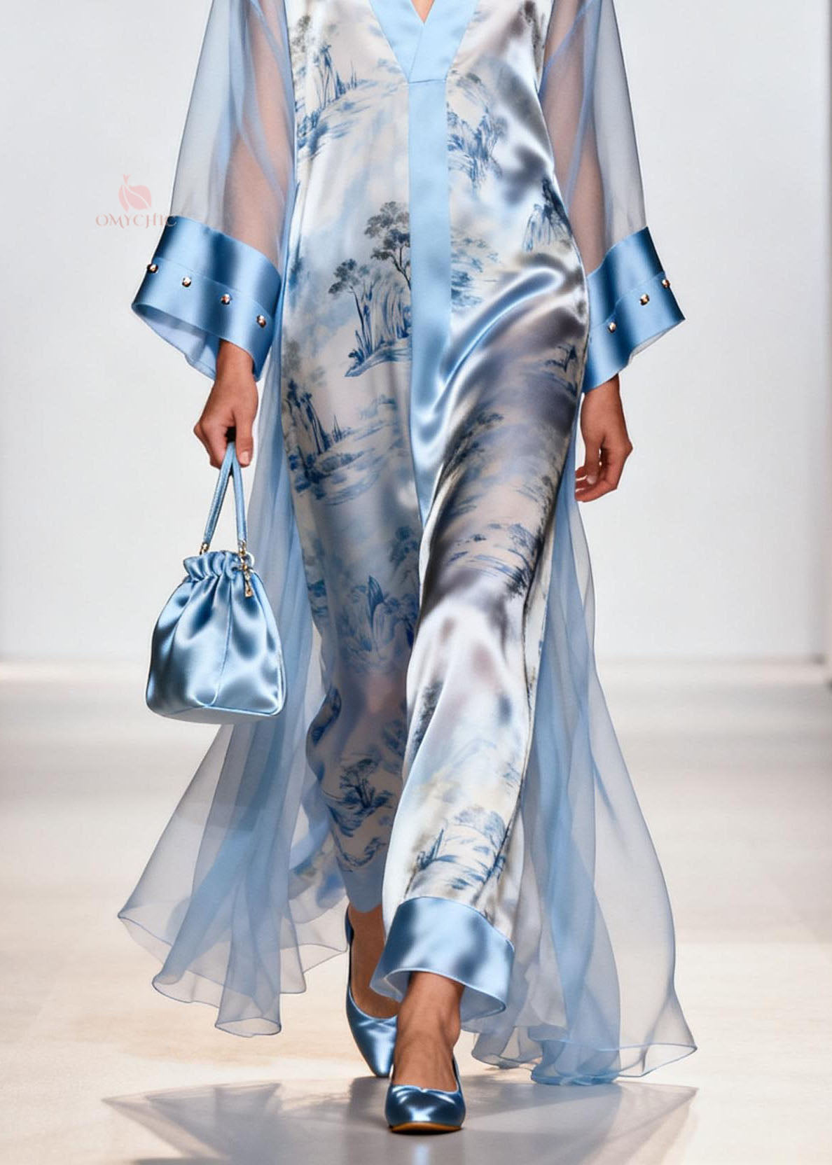 Satin Landscape Print V-Neck Maxi Gown and Sheer Studded Cuff Open Coat Two Piece Set
