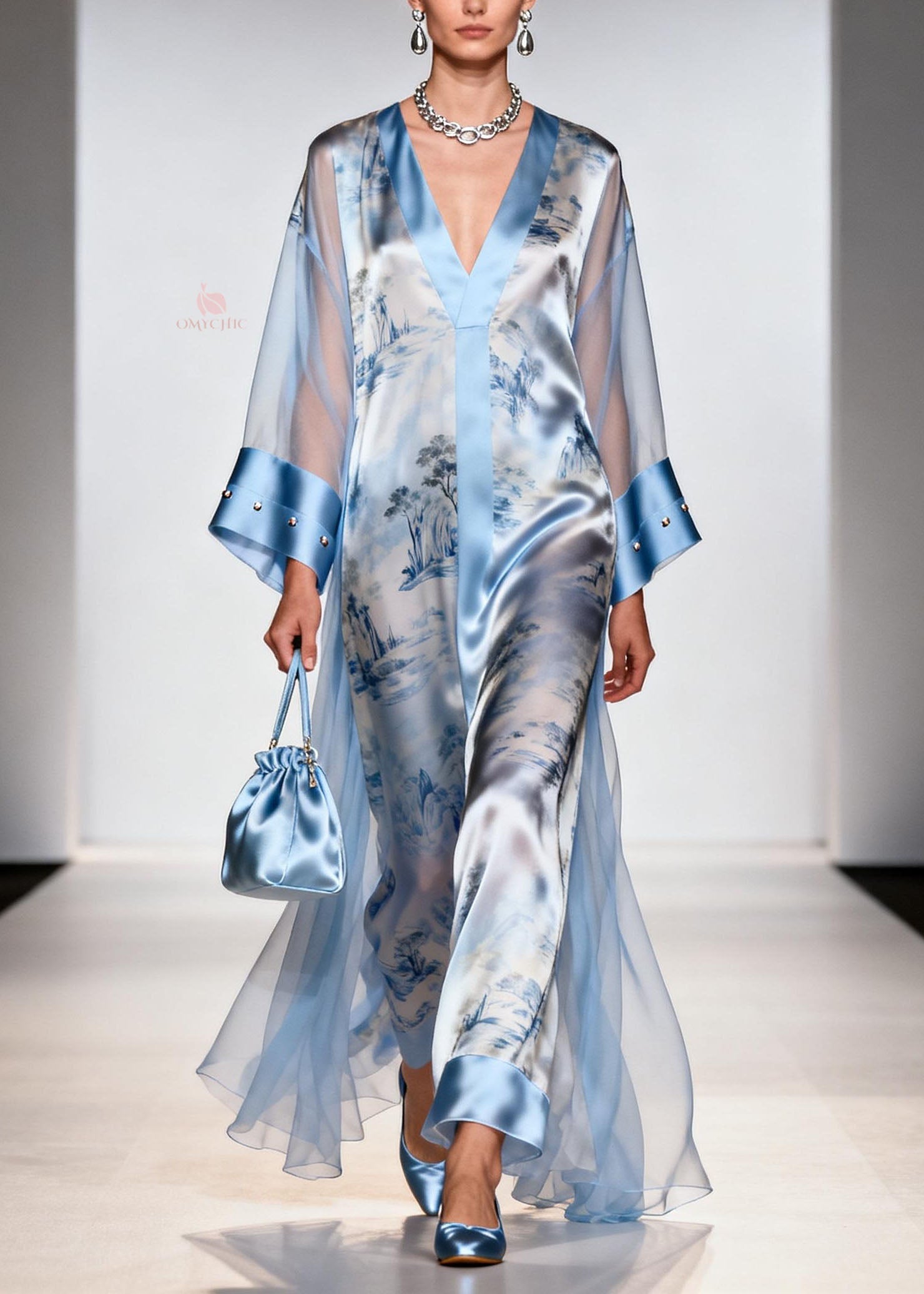 Satin Landscape Print V-Neck Maxi Gown and Sheer Studded Cuff Open Coat Two Piece Set