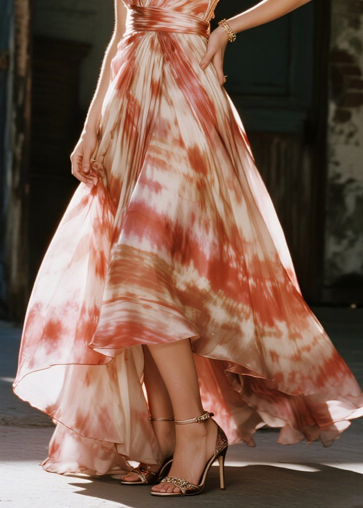 Tie Dye Spaghetti Strap Deep V-Neck Pleated Wrap Waist High Low Maxi Gown