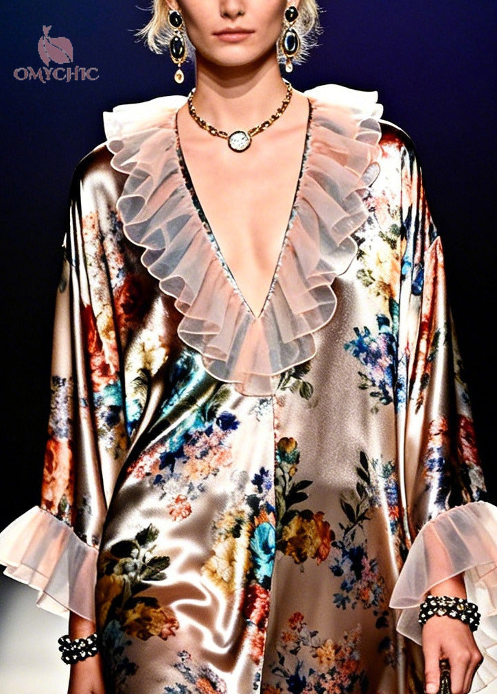 Floral Print Satin Ruffle Collar Ruffle Cuff Long Sleeve Deep V-Neck Kaftan Maxi Dress